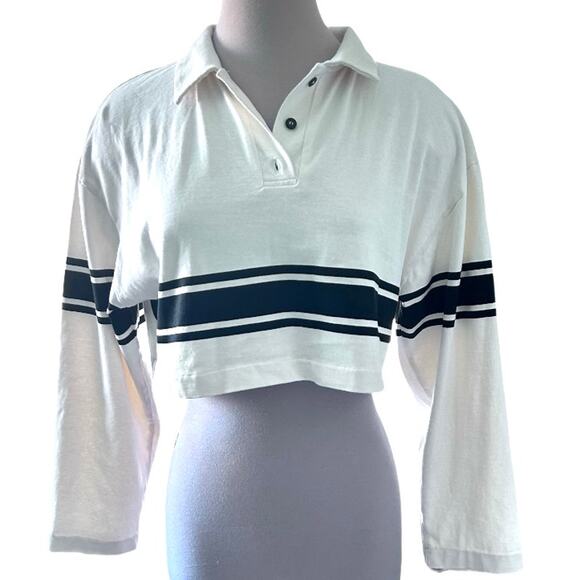 NWOT Zara Rugby Stripe Cream & Black Long Sleeve Cropped Collared Tee Size L - Picture 2 of 4